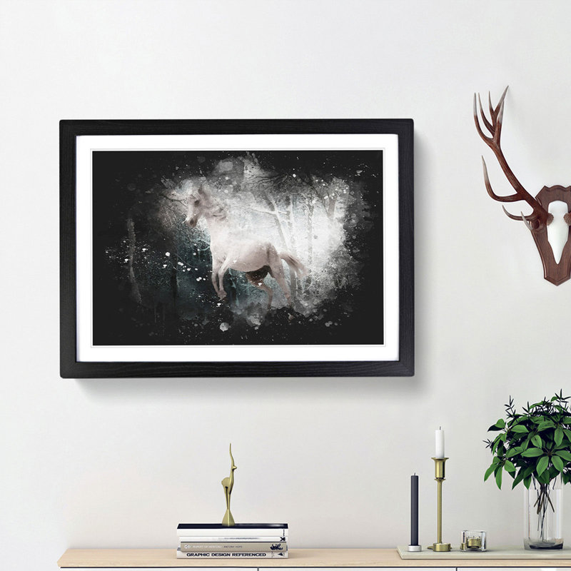 White Horse Rearing in a Winter Forest - Picture Frame Graphic Art Print, Black Framed, 33cm H x 45cm W x 2cm D