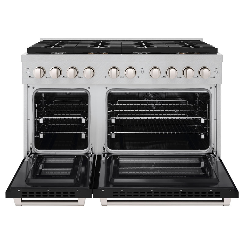 ZLINE 48 in. 6.7 cu. ft. Paramount Double Oven Dual Fuel Range with 8 Burner Gas Cooktop in Satin Stainless Steel with Black Matte Doors (SDRS-BLM-48)