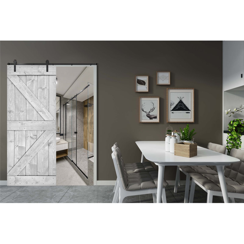 Porte de grange en bois massif DIY 3 en 1 pour chambres, espaces de rangement, placards, 30 po x 84 po, Gris argenté