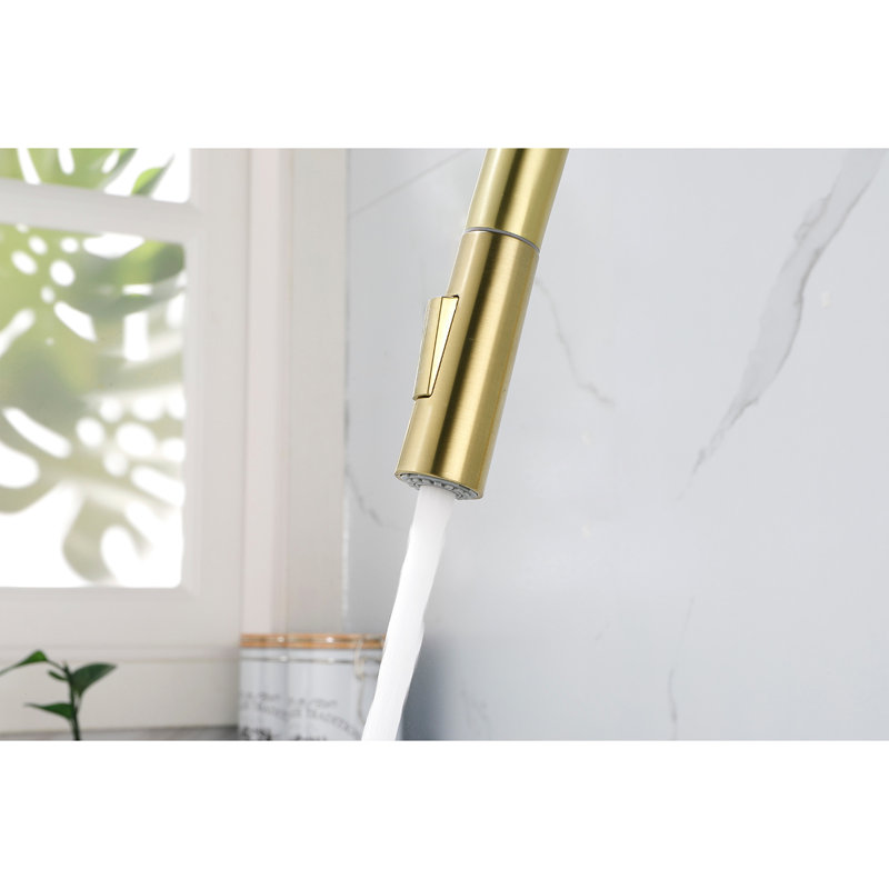 Robinet de cuisine en acier inoxydable avec douchette rétractable à finition dorée brossée, buse à arc élevé 360, deux sorties d'eau, poignée simple pour la température et le débit, corrosion / rouille, profondeur 15,97 po, largeur 10,07 po, 8,76 po