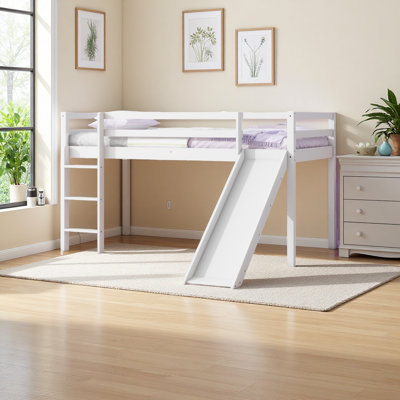 Twin Low Loft Bed With Slide, Ladder, Safety Guardrails, Rubber Wood Twin Loft Bed