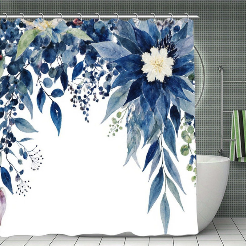 Rideau de douche aquarelle floral bleu L 72 po x l 72 po, fond botanique