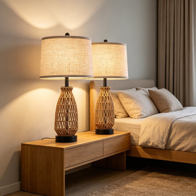 Ensemble de 2 lampes de table Boho en rotin tissé à la main de 27 pouces avec abat-jour en tissu, lampes campagnardes en osier avec interrupteur rotatif
