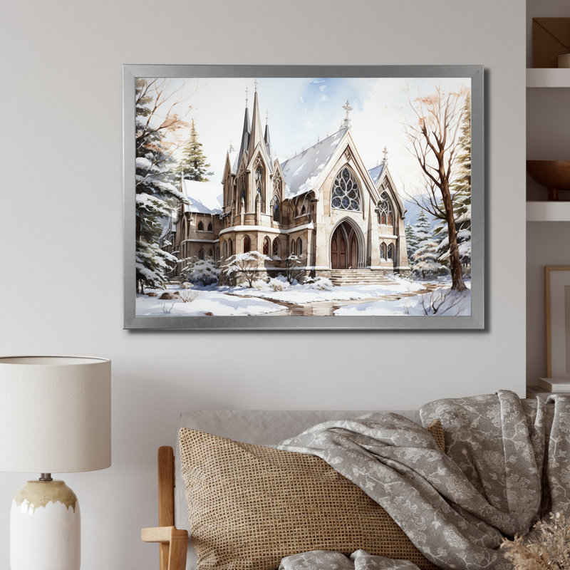 Chapelle de mariage blanche, aquarelle d'hiver rustique, H 12 po x l 20 po x P 1 po, Cadre simple argenté