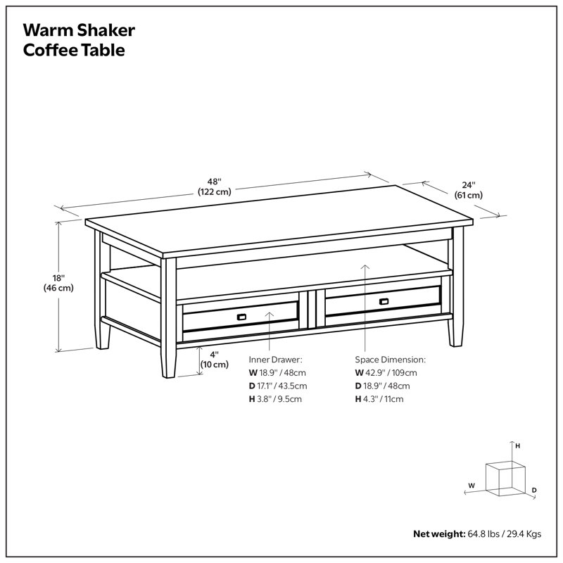 Table basse transitionnelle en bois massif l 48 po Warm Shaker avec tiroirs de rangement et tablette ouverte