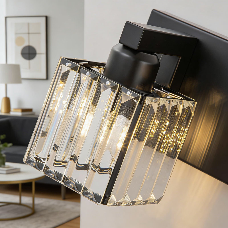 Modern 3-Light Bathroom Vanity Light With Crystal Accents - Black Square Shade Fixture For Mirror Wall Mount - Dimmable & E26 Socket Compatible