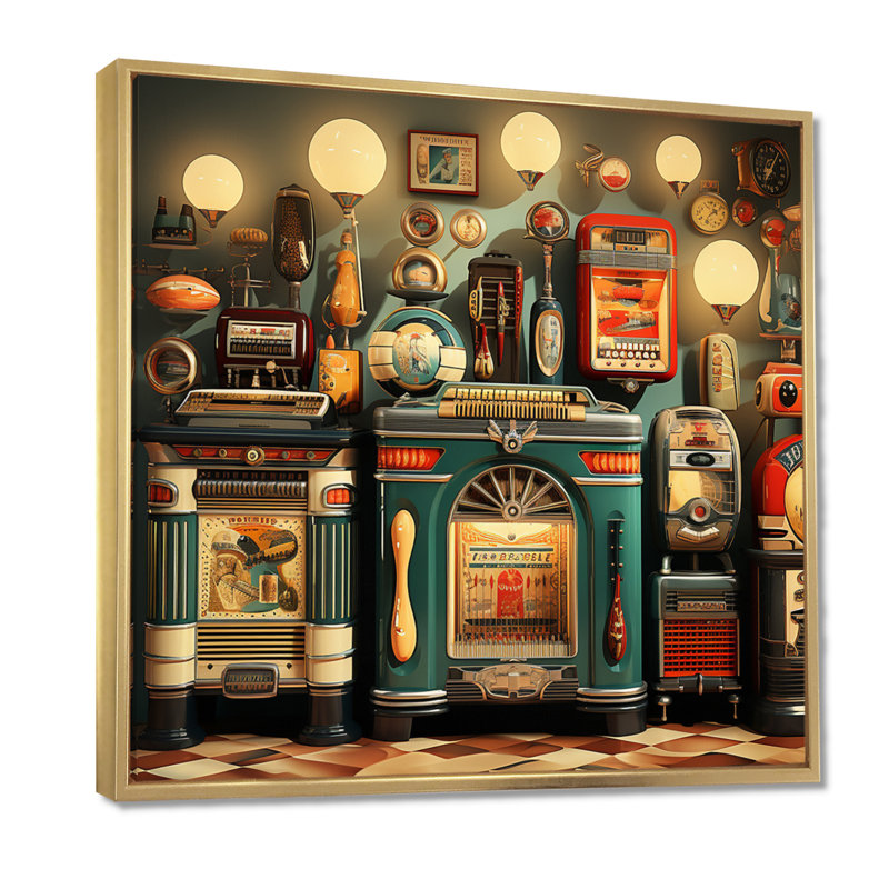 Nostalgic jukebox Tunes 3 - Jukeboxes, art mural sur toile, Cadre flottant doré, H 16 po x l 16 po x P 1 po