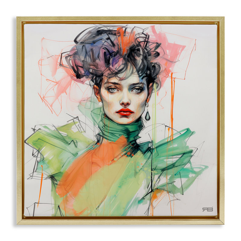 «Trendy Glam Portrait», art mural encadré par Roozbeh Bahramali, H 18 po x l 18 po, Cadre flottant gris lustré