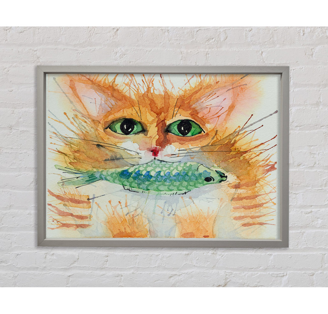 Aquarell Katze mit Fisch - Druck