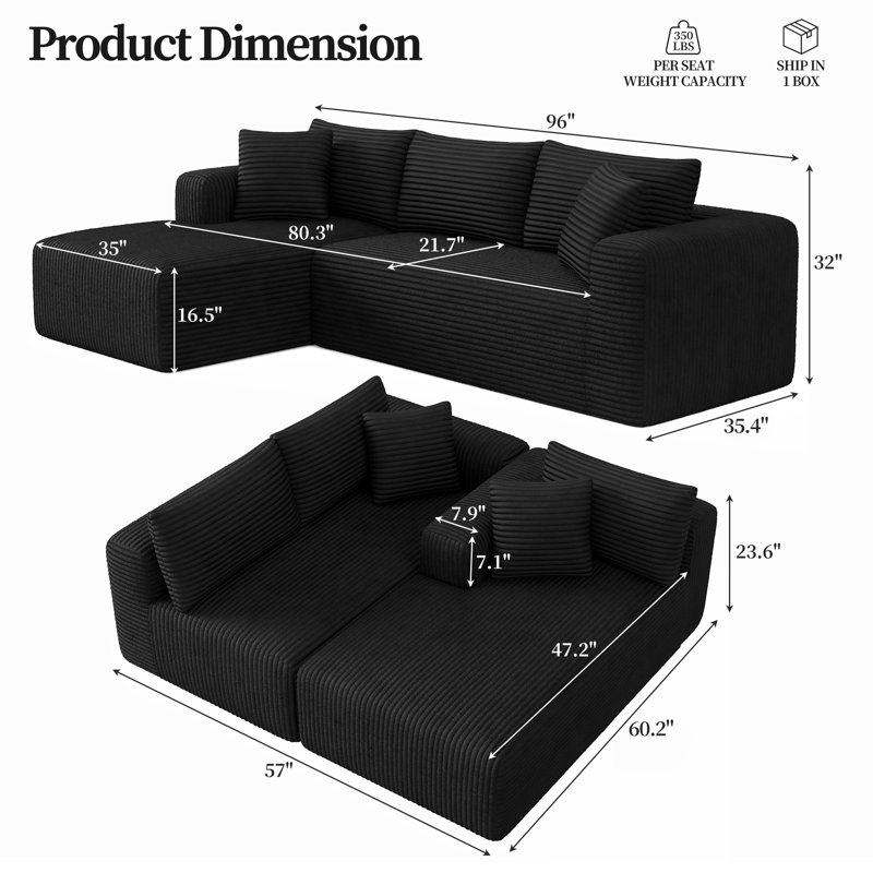 Canapé d'angle moderne de 244 cm (96 po), canapé d'angle rembourré avec coussin, canapé-lit combinable pour salon, canapé compressible livré dans une boîte et aucun assemblage requis