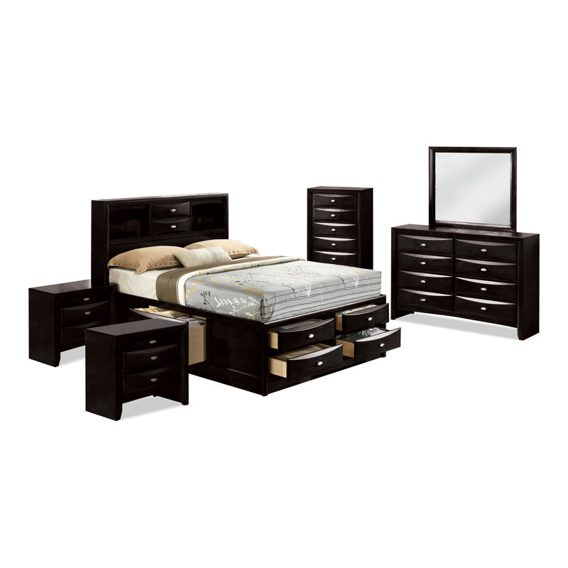 Ensemble de chambre Urbanek, Très grand, Black, 6 Pcs: Bed,2 Nightstands, Chest, Dreser,Mirror