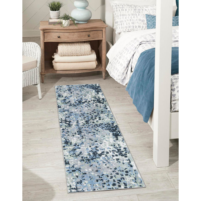 Tapis en polyester tissé à la machine Azion en gris / bleu marine / ivoire, Tapis de couloir 2 pi x 6 pi 1 po