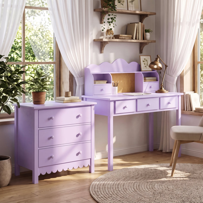 Bureau d'étude en bois massif 2 pièces avec prises et ensemble de 3 tiroirs assortis, Mauve