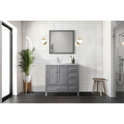 Gris vieilli 36 po Large meuble-lavabo de 22 po de profondeur, comptoir en marbre décalé à gauche, robinet inclus, miroir de 34 po, comptoir de salle de bain design l x P, trou unique en acier inoxydable, finition teintée