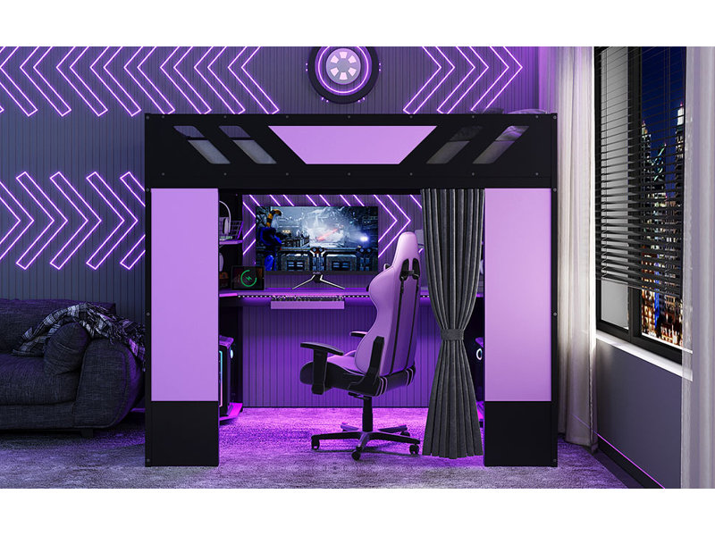 Lit mezzanine double en bois noir avec rangement, avec lumières DEL et rideaux