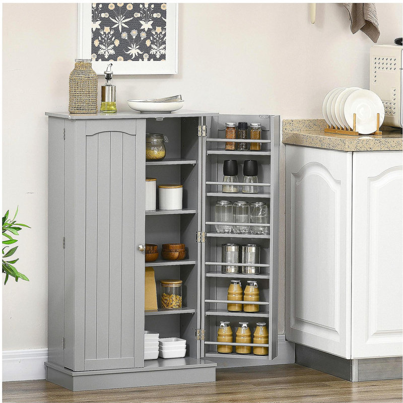 HOMCOM 41" Kitchen Pantry Storage Cabinet, Freestanding Kitchen Cabinet with 12 Door Shelves, Double Doors, 5-tier Shelving and Adjustable Shelves, Paper Gray