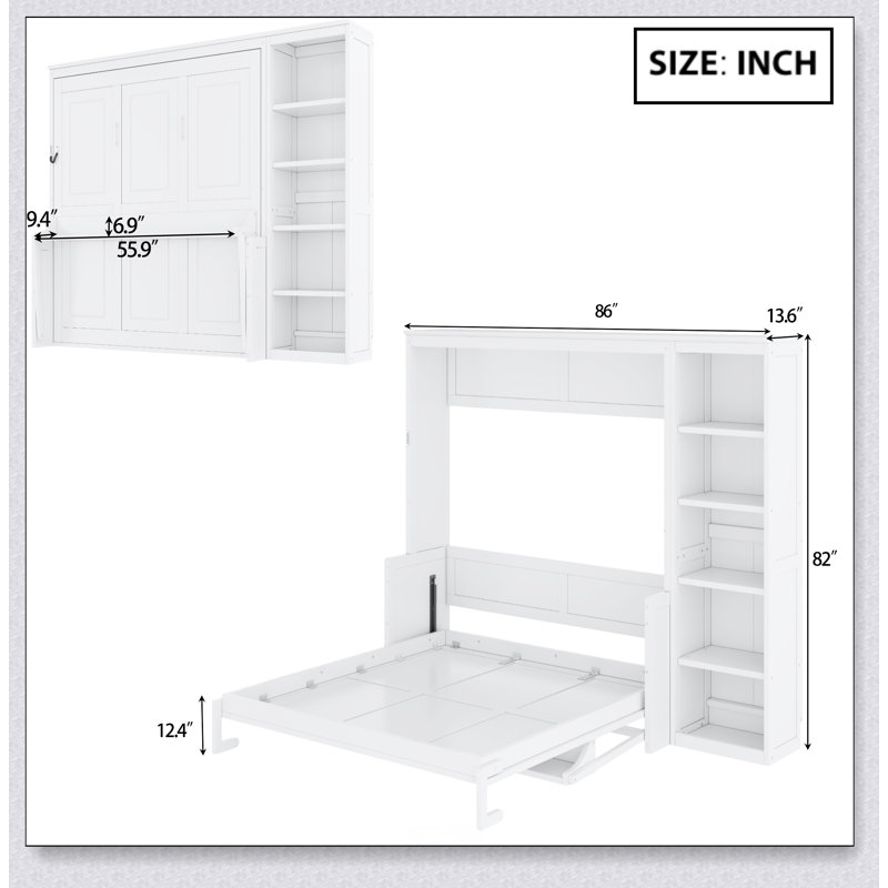 Murphy Bed With Desk And Bookshelf, Lit double, Blanc