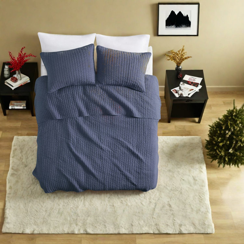 Ensemble de literie courtepointe bleu marine, polyester confortable, style maison de campagne pour toutes les saisons