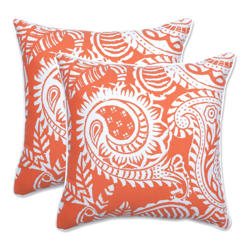 16.5'' Orange and White Paisley Square Throw Pillow Set