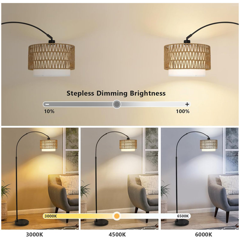 Arc Floor Lamp with Remote, Modern LED Floor Lamp with Dimmable Bulb, Boho Farmhouse Standing lamp with Fabric & Rattan Lampshades, Height Adjustable Black Tall Lamp for Living Room Bedroom