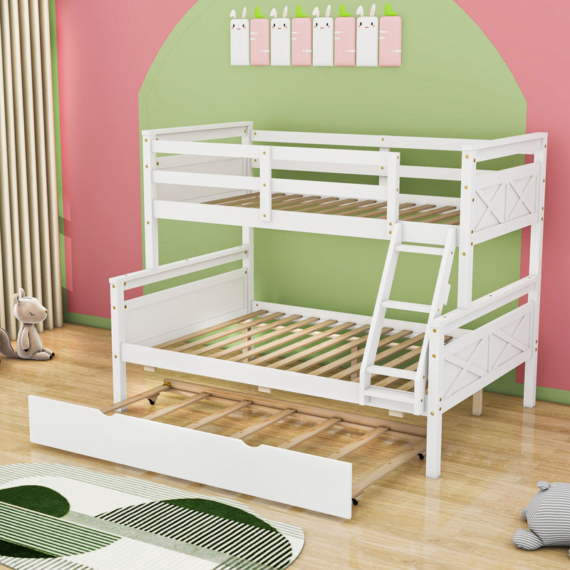 Twin Over Full Bunk Bed with Built-In Ladder , Trundle Bed Included, White