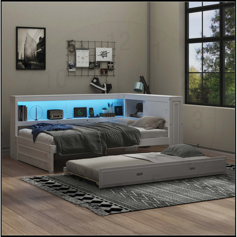 Lit de jour pleine grandeur en bois avec tablettes de rangement, USB, DEL et lit gigogne, blanc, parfait pour une vie moderne et fonctionnelle