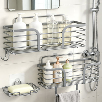 Serviteur de douche avec porte-savon et crochets, organisateur de salle de bain en acier inoxydable antirouille, tablettes murales sans perçage pour la douche, la cuisine et la décoration intérieure, gris clair