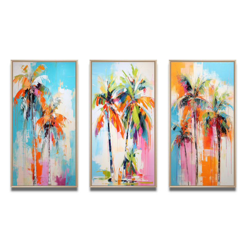«Palm Trees Palm», 3 pièces sur toile, Cadre naturel flottant, H 20 po x l 36 po