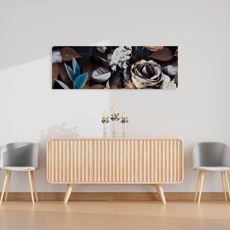 «Elegant Rose and Foliage Abstract Flower Landscape», art mural, H 16 po x l 48 po