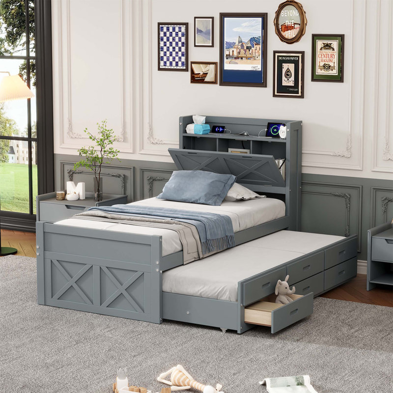 Fonctionnalité Lit en bois avec rangement - tête de lit et prises de courant équipées, parfait pour un repos confortable et de l'espace - Sauver la vie