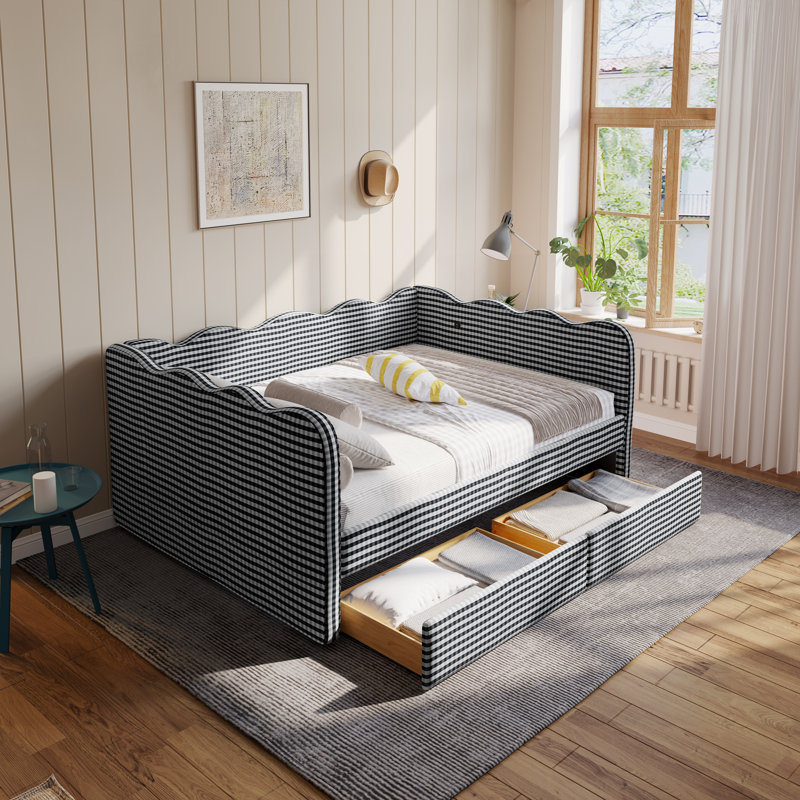 Gingham Daybed With 2 Storage Drawers And Usb Port, Wave-Shaped Design, Full, Black