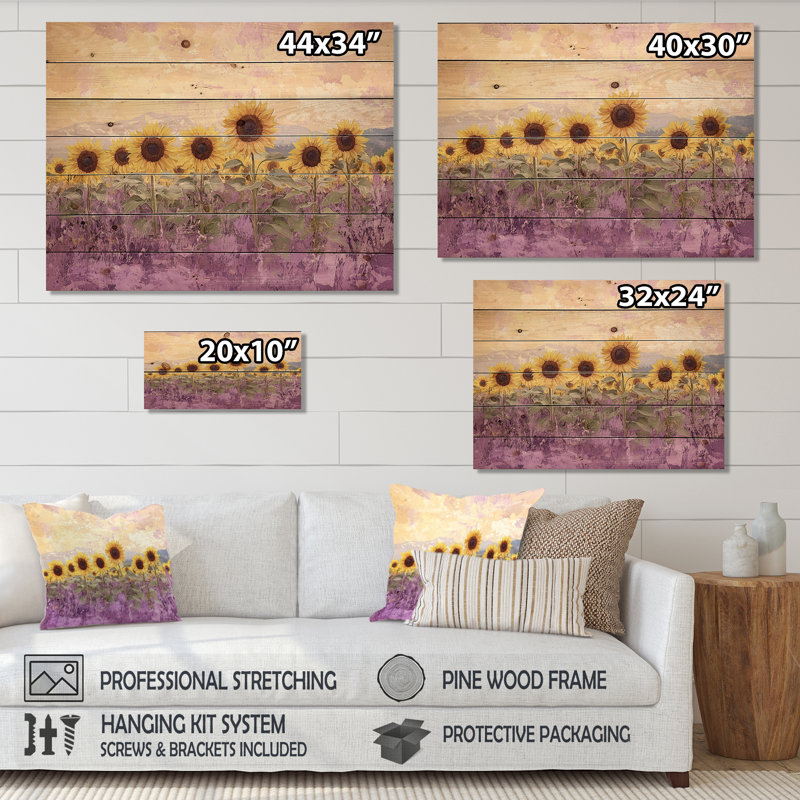 Lavande tournesol champ I - impression de tournesols sur bois de pin naturel, H 34 po x l 44 po x P 0,78 po