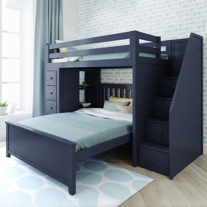  Helfriede Solid Wood 8 Drawer L-Shaped Bunk Bed, Twin over Full, Blue
