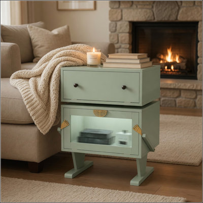 20.7 Inch Wide Green Robot LED Nightstand with 360 Degree Rotating Drawer - Modern and Functional End Table