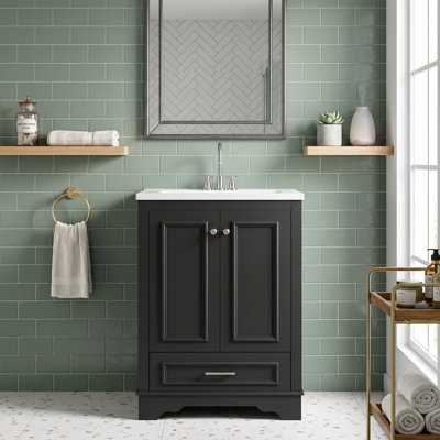Meuble-lavabo moderne autoportant de 24 po avec lavabo en céramique, portes à fermeture douce et poignées en métal argenté