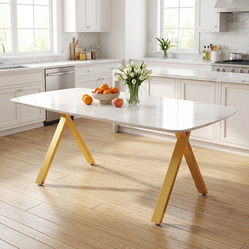 Rectangular Dining Table with Marble-Patterned Tempered Glass Top and Metal Legs