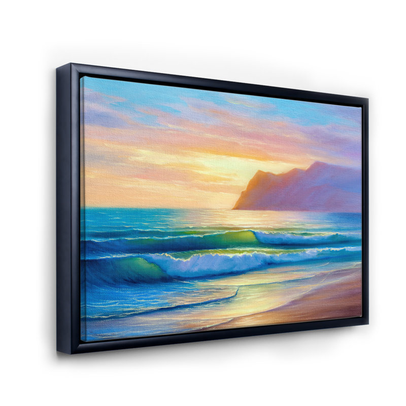«Morning Sunlight On The Sea Waves IV», peinture sur toile, H 24 po x l 32 po x P 1 po, Cadre flottant noir