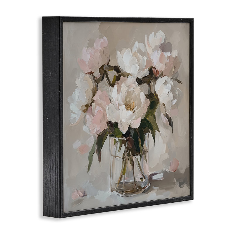 Pivoines dans un vase transparent, estampe numérique, design par Gina Kelly, H 12 po x l 12 po, Giclée encadrée noir minuit