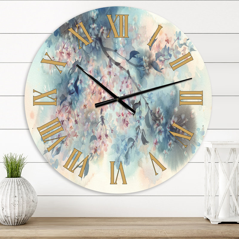 Fleur de sakura blanche sur fond bleu pastel - horloge murale de maison de campagne, Petit