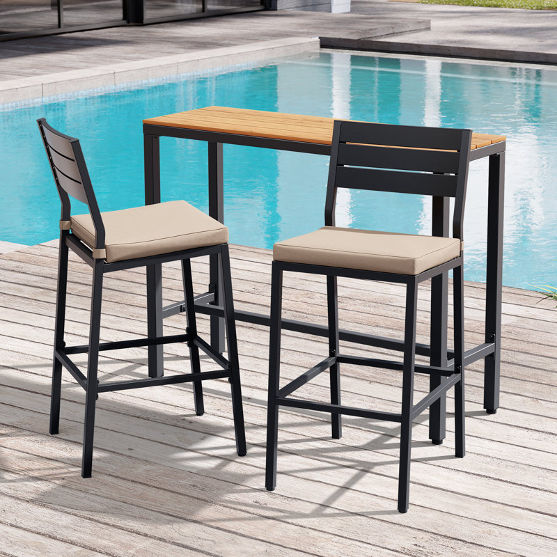 Ensemble de salle à manger pour 2 personnes en métal avec table de bar rectangulaire, coussins inclus, Beige, Brun
