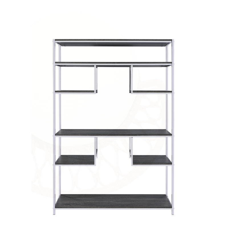 Bibliothèque rustique en chêne gris et chrome avec sept tablettes ouvertes pour des solutions de rangement modernes et élégantes