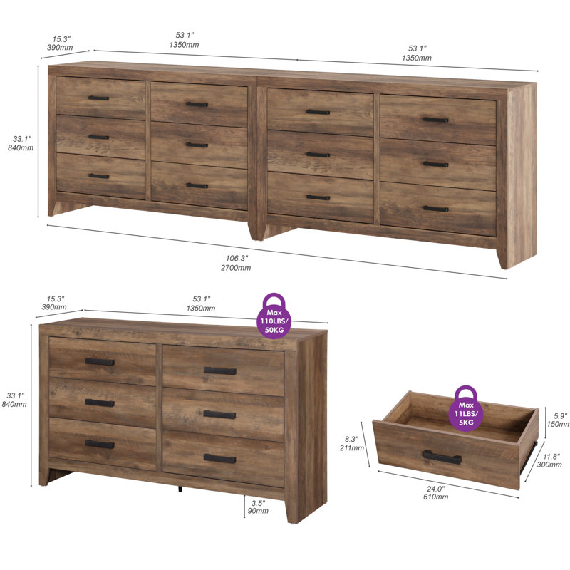106" Rustic Brown Dresser Set With 12 Drawers (2-Piece)