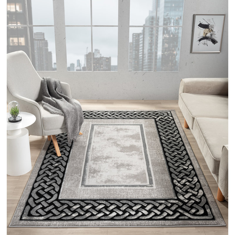 Tapis à bordure abstraite gris / noir de la collection Ksamil, Rectangle 7 pi 11 po x 10 pi 10 po