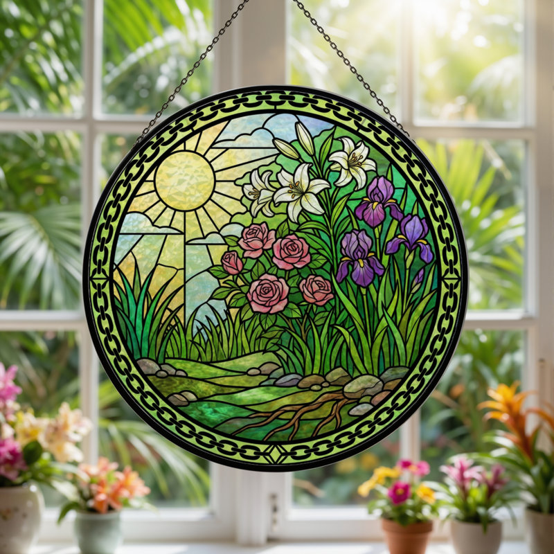 12"H Sunlight Garden Stained Glass Window Panel, 12" H x 12" W