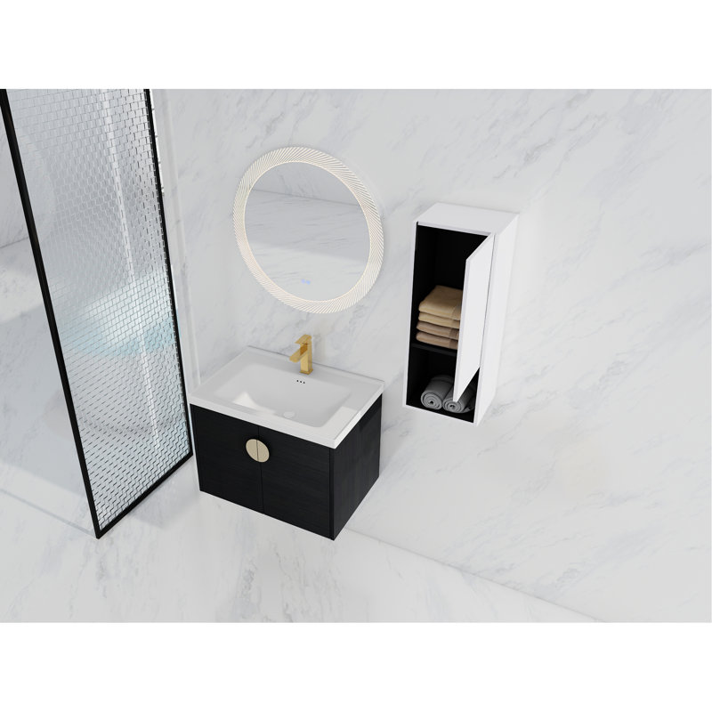 Meuble-lavabo de salle de bain avec lavabo en céramique et unité latérale - armoire de rangement moderne 28 po châtaignier noir