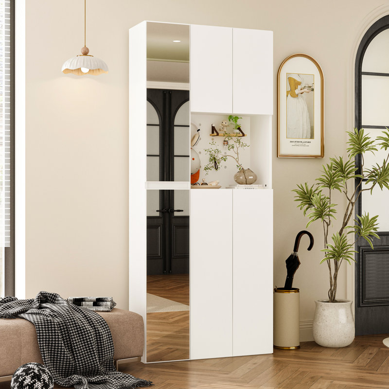 Modern White MDF Entryway Mirror Cabinet With Adjustable Shelves & Pegboard