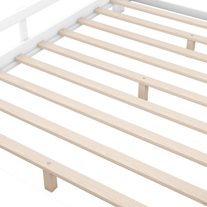 Lit plateforme double en bois avec éclairage à DEL intégré, tête de lit avec rangement et garde-corps, White