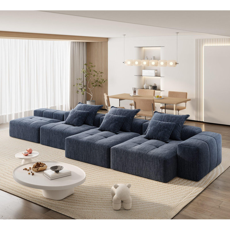 Canapé modulaire en chenille avec repose-pieds et coussins Boneless, Chenille bleue scintillante