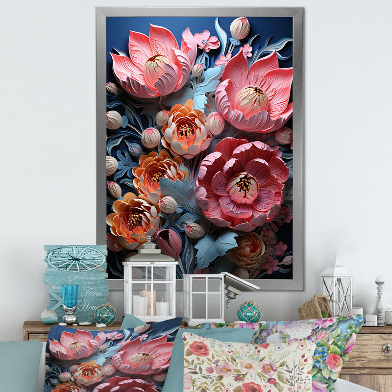 Tulipes néon, collage sur toile, Cadre simple argenté, H 40 po x l 30 po x P 1,5 po