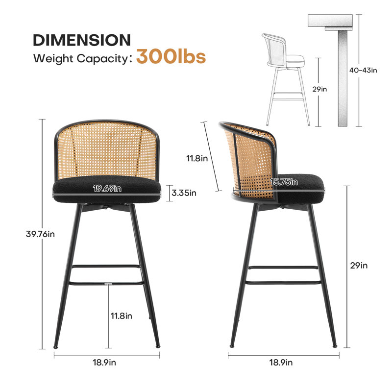 Cane Back Swivel Upholstered Stool, Bar Stool (29” Seat Height), Black Boucle, 3